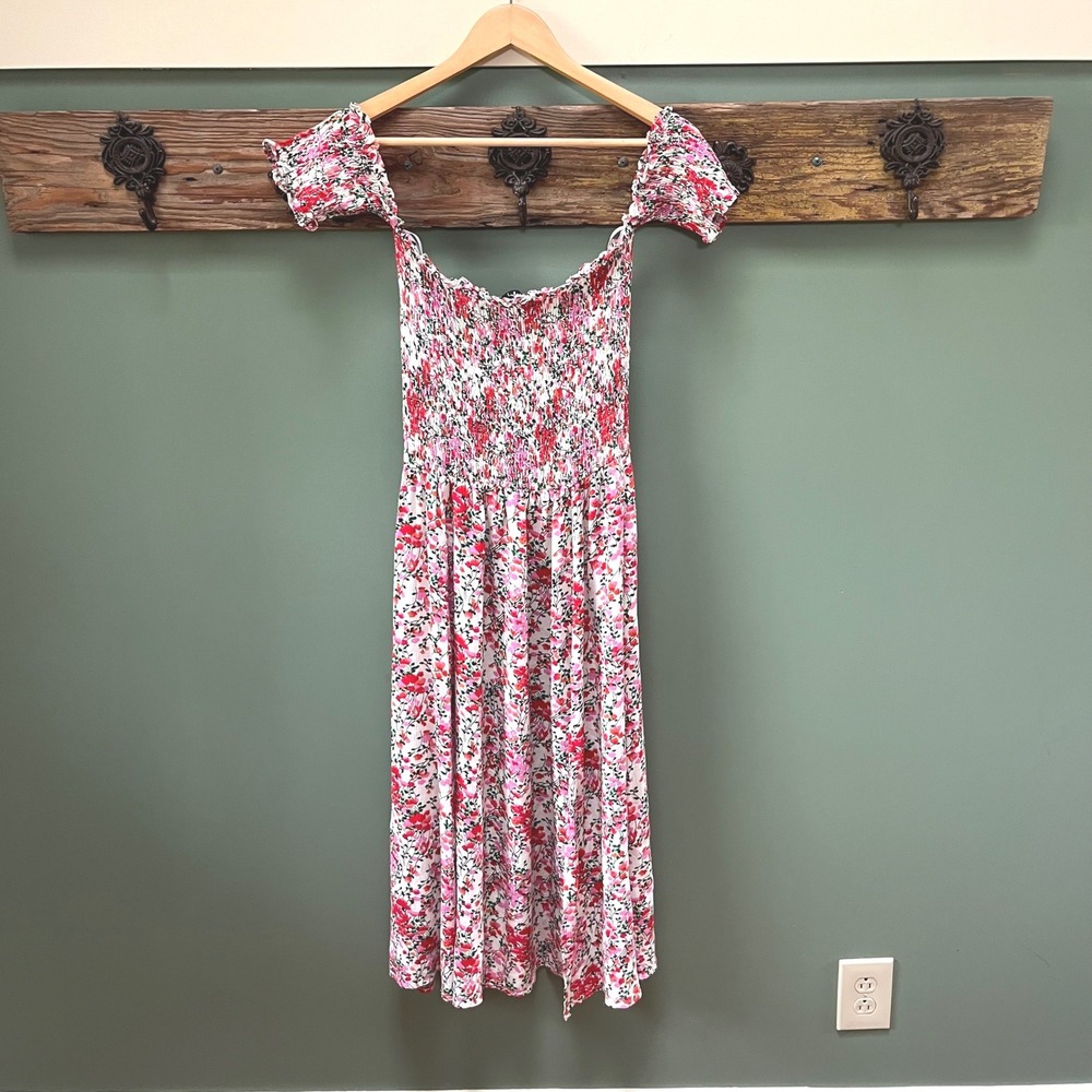 Lulus Pink Floral Smocked Off-the-Shoulder Midi Dress Womens Size Medium Rayon